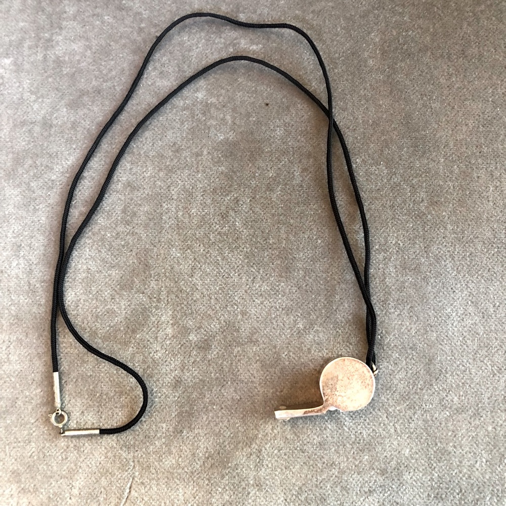 Vintage Marked 925 Silver Whistle on a black satin cord pendant